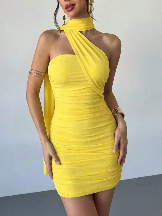Yellow Elegant Women's Party Ruched Waist Mesh Overlay Strapless Tie Mini Dress - Picture 3 of 7